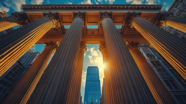 Massive bank building with classic columns, shot from a low angle during the golden hour, with a city background