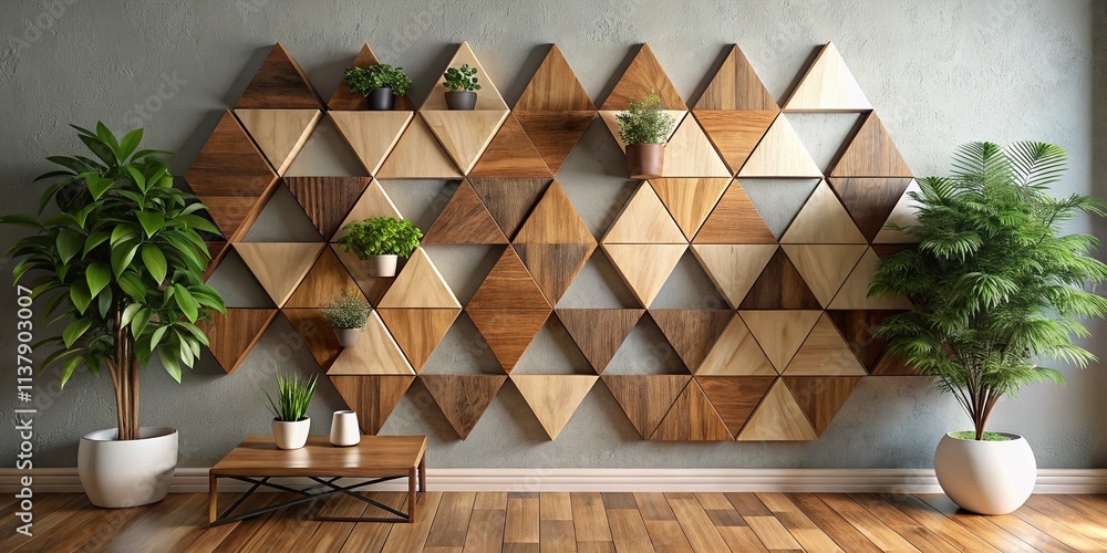 Poster unique wall decor idea featuring triangular geometry wooden modules in a 3d rendered design for mode