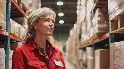 Obraz premium Woman in Red Jacket Observing Warehouse Shelves Full of Boxes