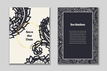 Naklejka premium Two greeting cards templates set with paisley motifs. Wedding invitation with oriental decoration. Modern abstract stationary design.