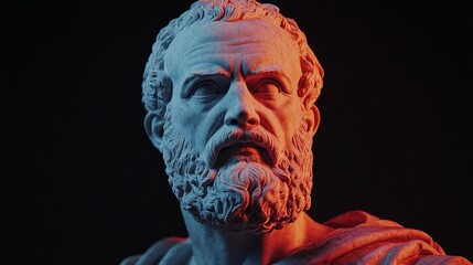 Classical statue of Socrates close-up dark background with red backlight. Space for text or advertising.