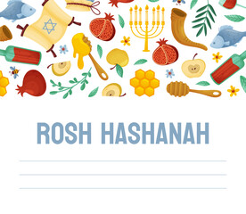 Fototapeta premium Shana Tova Banner Design with Symbols of Jewish Holiday Vector Template