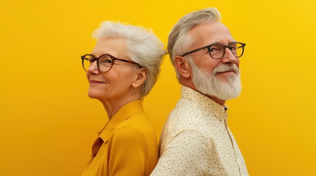 Happy Senior Couple with Gray Hair and Glasses Against Yellow Background