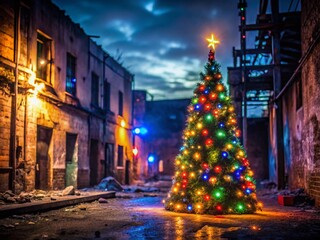 Fototapeta premium Urban Christmas Tree Outline Photography: Abandoned Building Festive Lights Winter Nightscape