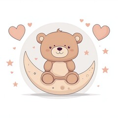 Fototapeta premium Teddy bear decorative romantic Cute bear sitting on a moon surrounded by hearts and stars in a soft pastel design.