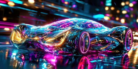 Car with neon lights on it is driving down a road