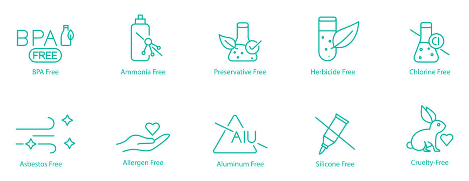 Comprehensive Free-From Icon Set &ndash; BPA, Ammonia, Preservatives, Herbicide, Chlorine, Asbestos, Allergen, Aluminum, Silicon, and Cruelty Free Vector Icons