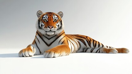 Fototapeta premium A realistic rendering of a tiger lounging, showcasing its distinctive orange fur and black stripes against a light background.