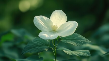 Fototapeta premium Delicate White Flower with Green Leaves in Soft Natural Light