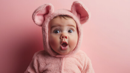 Fototapeta premium Adorable Baby in Pink Pig Costume with Surprised Expression Against Soft Pink Background for Playful and Cheerful Mood