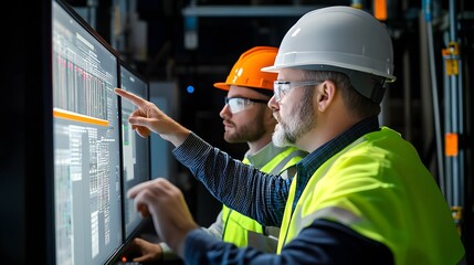 Electrical Engineer pointing at a computer monitor Screen They are Discuss about AI Generated