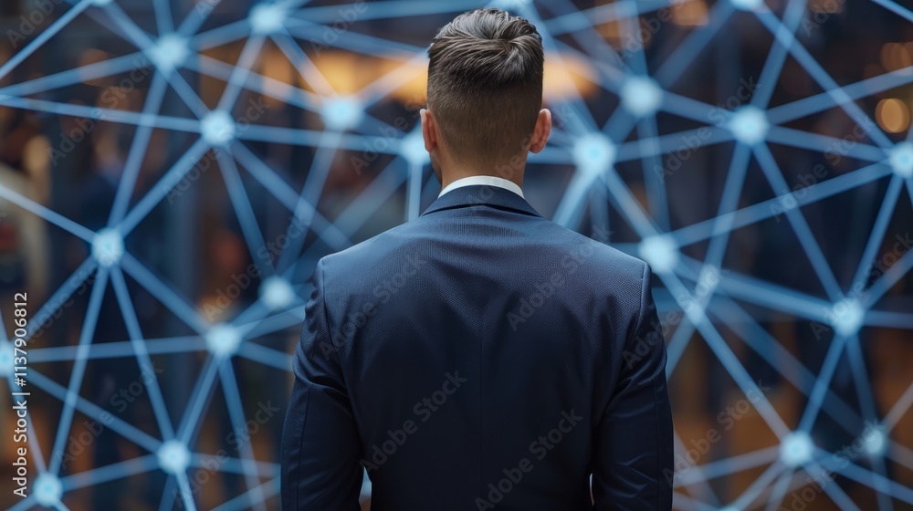 Poster businessman overlooking 3d digital graph, capturing generative ai insights in a professional setting