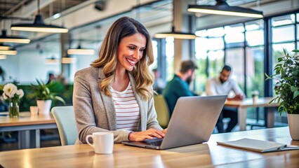 Obraz premium Confident smiling businesswoman in casual attire working on laptop in modern open-plan office 