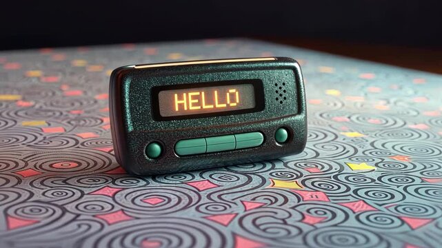 Retro Vibe A closeup of a vintage pager laying on a patterned pastel surface glowing softly with a blocky message that reads HELLO. The pixelated numbers are slightly illuminated