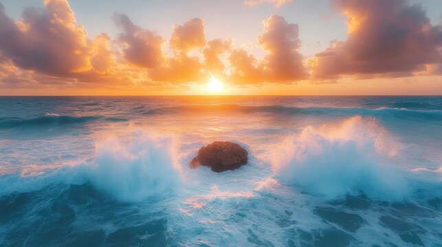 Serene Beach Sunset with Waves Crashing Against a Rocky Outcrop - Powered by Adobe