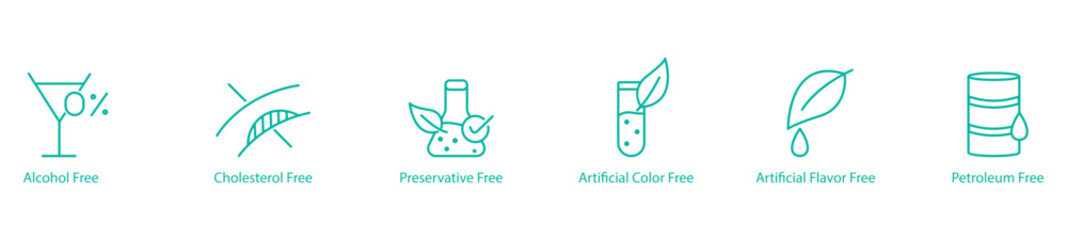 Health-Conscious Icon Set &ndash; Alcohol, Cholesterol, Preservatives, Artificial Colors, Artificial Flavor, and Petroleum Free Vector Icons