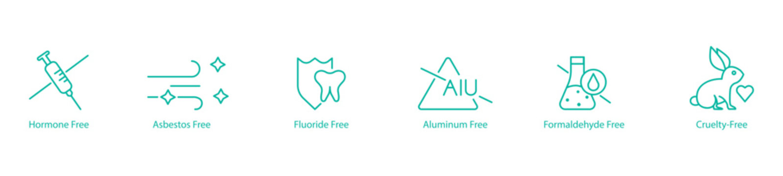 Ethical and Non-Toxic Icon Set &ndash; Hormone, Asbestos, Fluoride, Aluminum, Formaldehyde, and Cruelty Free Vector Icons