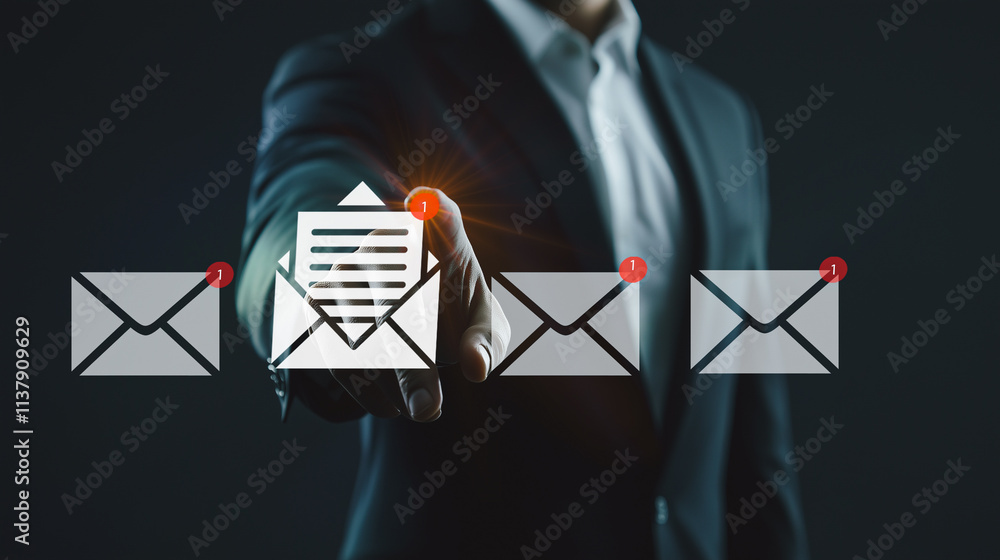 Aufkleber email communication efficiency concept: a businessman interacts with virtual email icons, showcasing