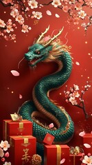 Obraz premium A vibrant digital illustration showcasing a majestic green dragon among red boxes and cherry blossoms, perfect for Chinese New Year celebrations.