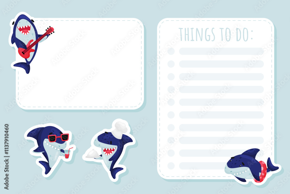 Poster funny shark character to do list design vector template