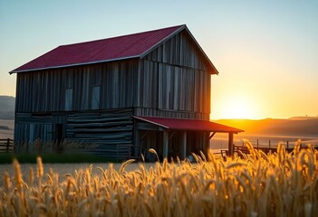 An old red barn in a rural countryside, surrounded by green fields and tall grass. The wooden structure, with its rustic charm, stands under a blue summer sky, reflecting the peaceful landscape of the
