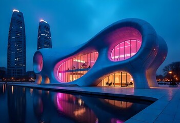 A beautiful city bridge at night, illuminated by streetlights, crossing a river with reflections shimmering on the water. The skyline of Miami adds to the urban charm, with evening traffic b