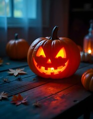 A spooky jack-o'-lantern with a carved face, glowing brightly with a candle inside. Its orange hue and eerie smile create a perfect Halloween decoration for an autumn night filled with spooky vibes.