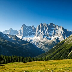 A breathtaking alpine landscape with snow-capped peaks, lush green forests, and a crystal-clear sky. This view from the Alps, spanning Switzerland and Italy, captures the beauty of nature in both wint