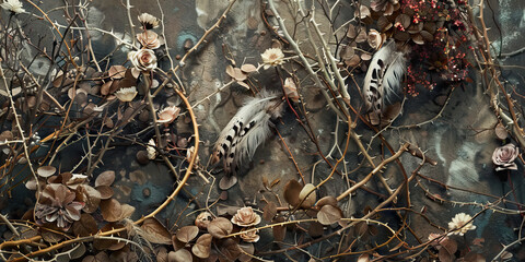 Dried Floral Arrangement with Thorny Branches and Feathers