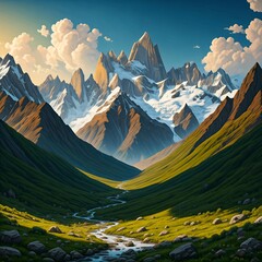 A breathtaking alpine landscape with snow-capped peaks, lush green forests, and a crystal-clear sky. This view from the Alps, spanning Switzerland and Italy, captures the beauty of nature in both wint