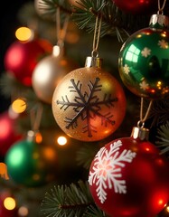 A beautifully decorated Christmas tree adorned with sparkling baubles and ornaments in shades of red, gold, and glass. 