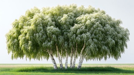 Fototapeta premium Blooming Birch Trees in Spring Meadow Landscape