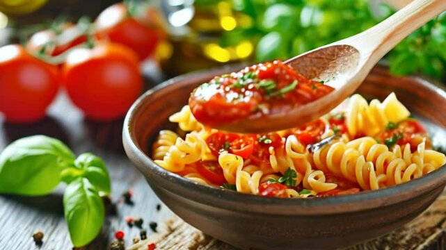 AI-generated illustration of fusilli pasta with red sauce served in a wooden bowl