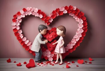 A charming illustration of a couple, a bride and groom, surrounded by hearts, symbolizing love and romance. This colorful cartoon-style design captures the joy of a wedding day or Valentine's celebrat