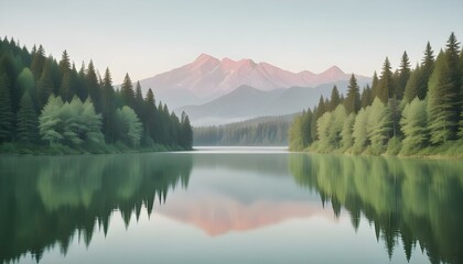 
A breathtaking winter landscape featuring a serene lake surrounded by towering mountains, their snow-capped peaks reflected in the still water. 