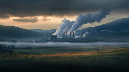 Industrial Plant with Plumes of Smoke Against a Misty Mountain Landscape