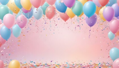 a festive birthday background with colorful balloons, streamers, and confetti scattered across the scene.