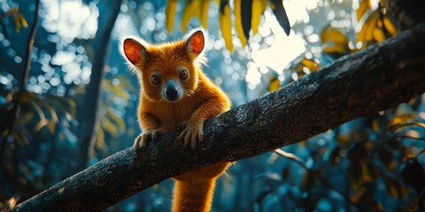 Fototapeta premium Adorable Tree Kangaroo on Branch Rainforest Wildlife