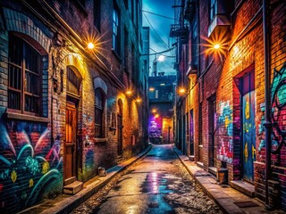 Naklejka premium Urban Exploration Wallpaper: Dark Alleyway, Grunge, Graffiti, Industrial, Abandoned, Cityscape, Night Photography, Street Art, Cool Wallpapers