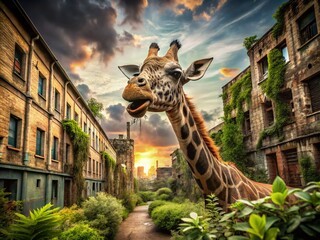 Obraz premium Urban Giraffe: Jaw-Dropping Open Mouth, Cityscape Background, Surreal Animal Photography