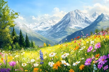 Fototapeta premium Colorful Wildflower Meadow with Mountain Views