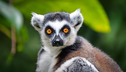 Close-up of a ring-tailed lemur with its bright yellow eyes staring into the camera, sitting on a branch with lush green tropical foliage behind.