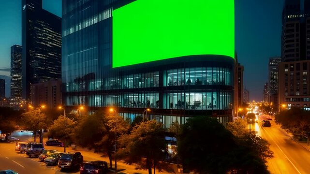 Modern Corporate Building with Large Green Screen Billboard Display at Night - Urban Digital Advertising Space with Illuminated Skyscrapers and City Lights in Business District Downtown