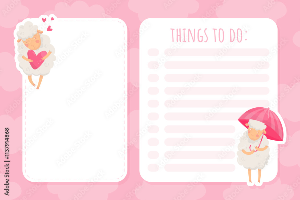 Poster note card with funny sheep farm character with wooly body and hoof vector template