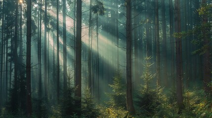 Fototapeta premium Sunlight beams through the trees of a misty forest.