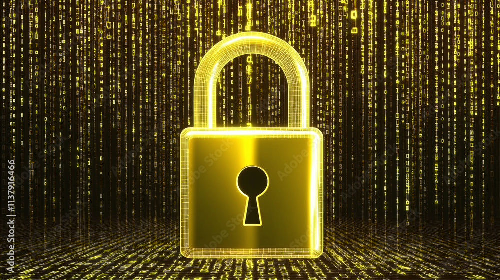 Poster a large golden lock with a key hole in the center. the castle is surrounded by many vertical lines c