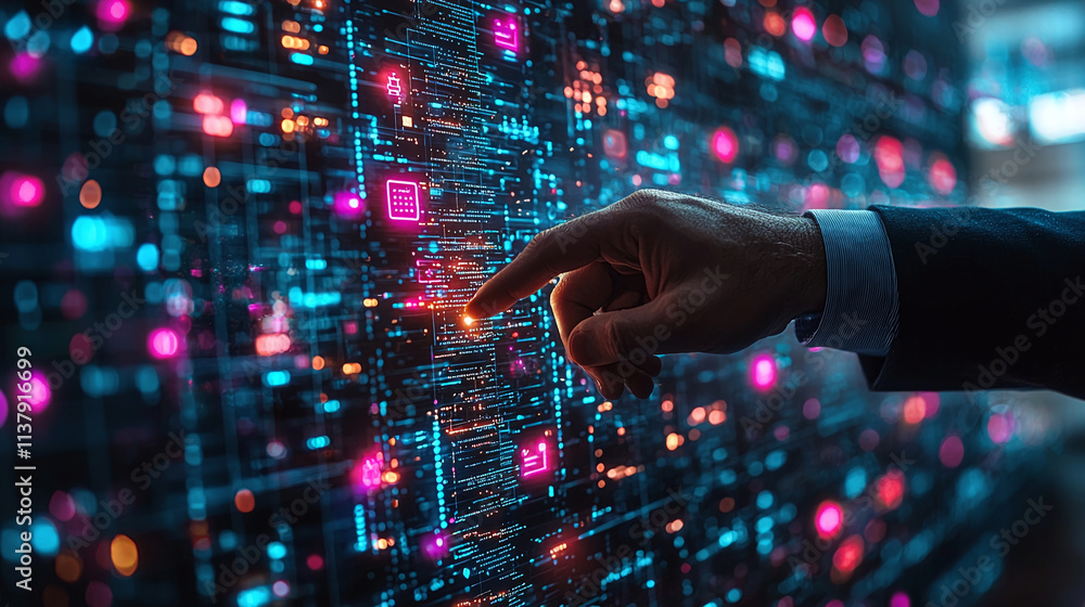 Fototapete a human hand touching a glowing panel with digital elements. the panel is filled with a multitude of