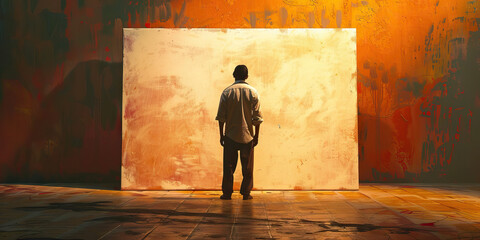 Obraz premium Man Contemplating Large Off-White Canvas in an Art Studio