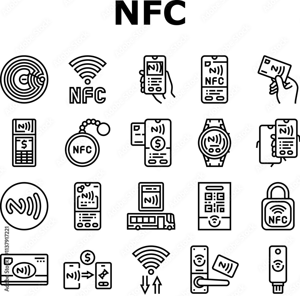 Poster nfc technology contactless icons set vector. payment communication, proximity wireless, data transfe