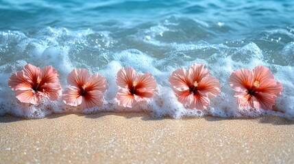Fototapeta premium Hibiscus Flowers on Sandy Beach with Ocean Waves